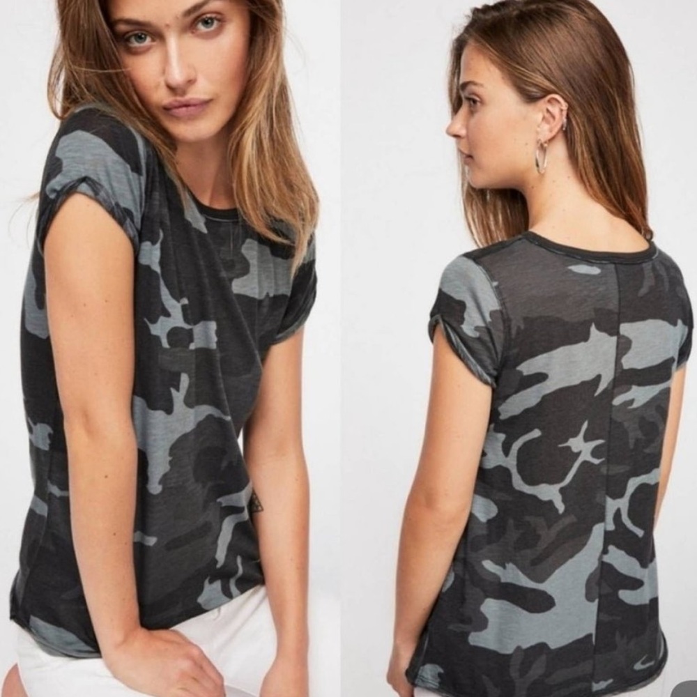 NWT Free People We the Free Clare black and grey camo short sleeve top